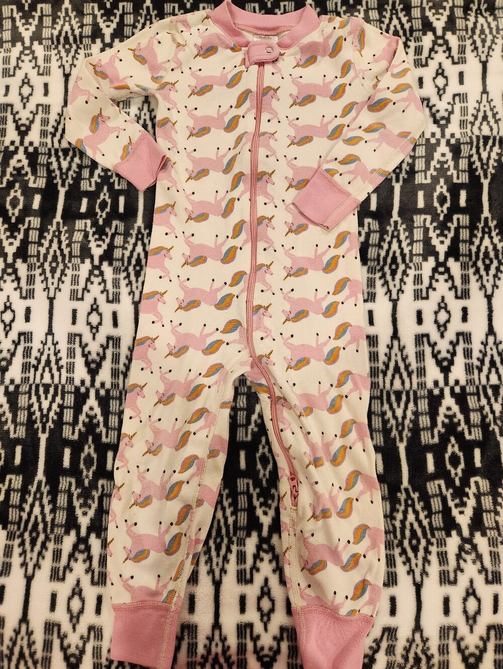 Hanna Andersson Pink and White Unicorn Print Kids One-Piece Pajamas, Size 3T